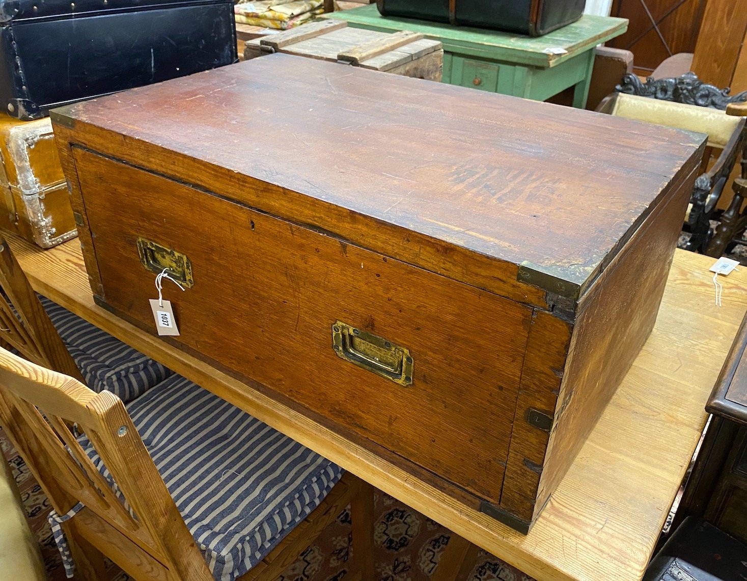 A military style brass mounted teak campaign chest section, width 85cm, depth 53cm, height 36cm